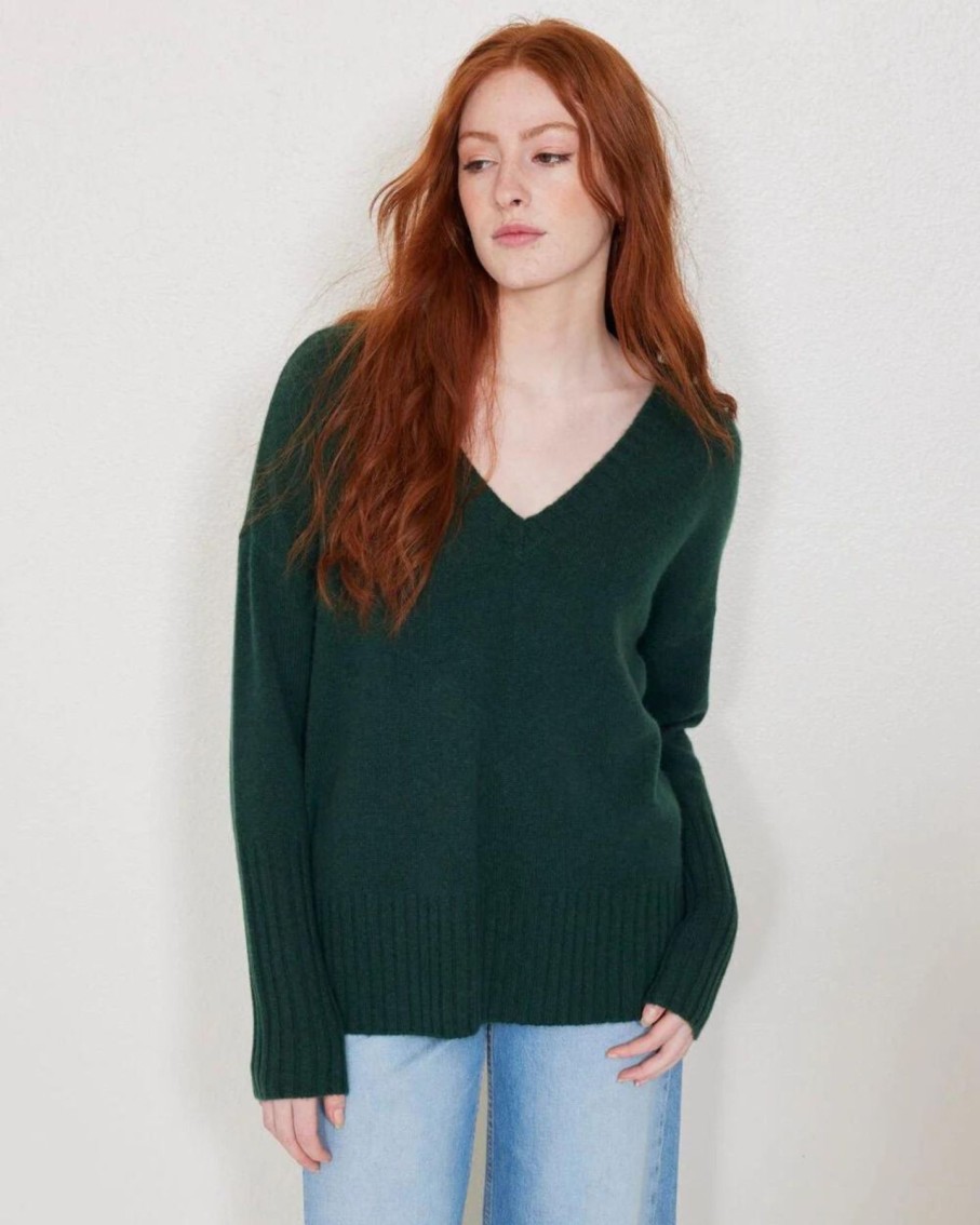 Women Not Monday Sweaters | Not Monday Elle Cashmere V Neck Sweater Jade