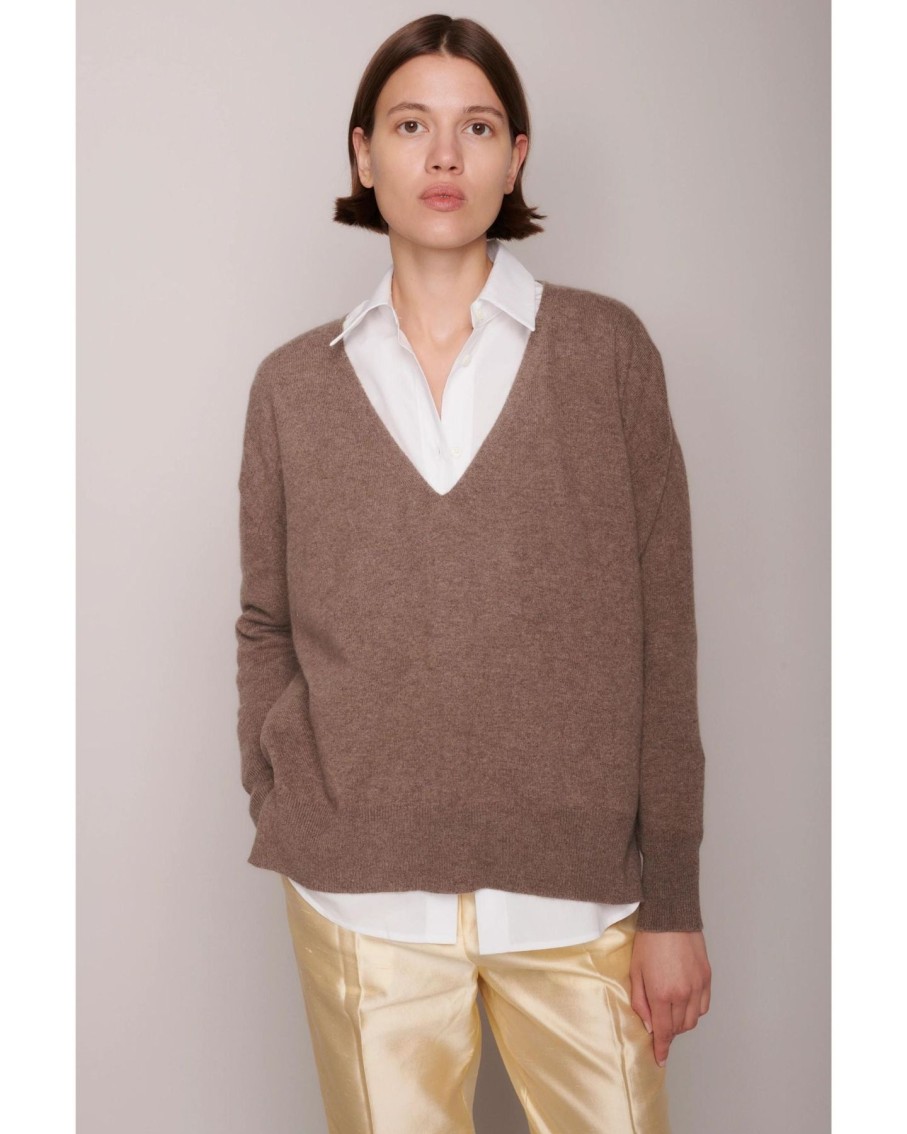 Women Organic by John Patrick Sweaters | Organic By John Patrick Ada V Neck 100% Undyed Cashmere Walnut